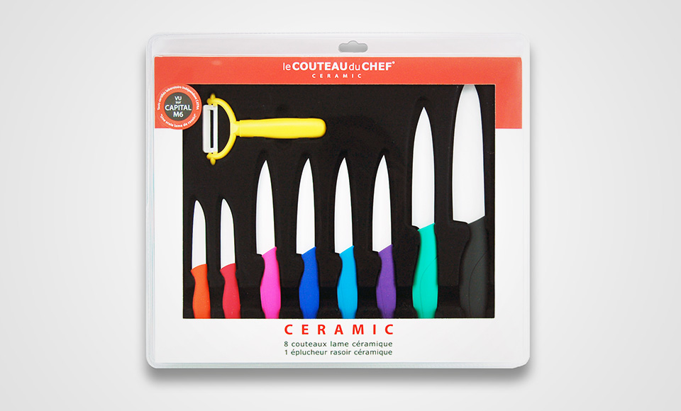 A 9-piece set of stylish and colorful ceramic kitchen knives